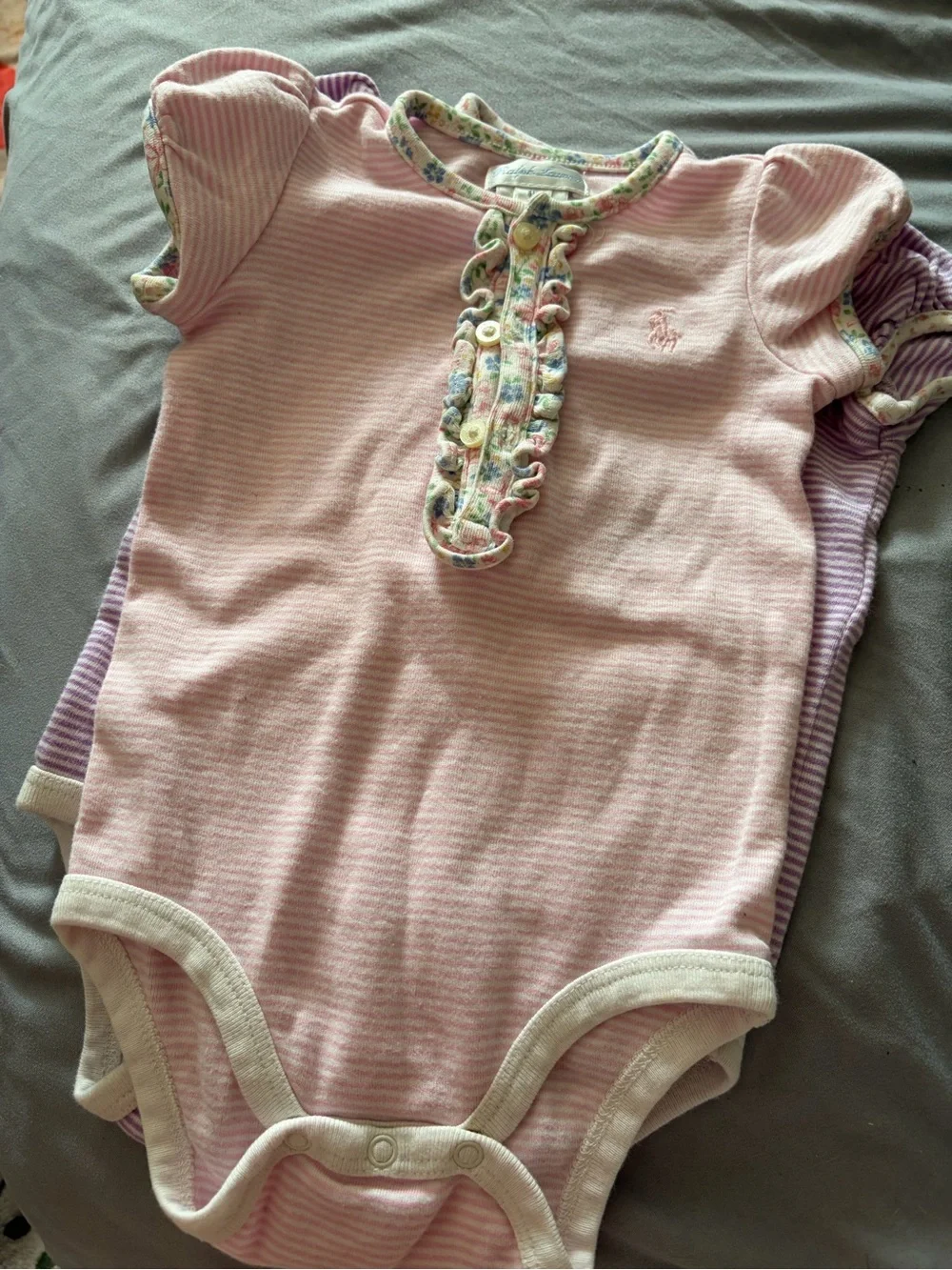Ralph Lauren baby Pink & purple Striped Ruffle onesies.